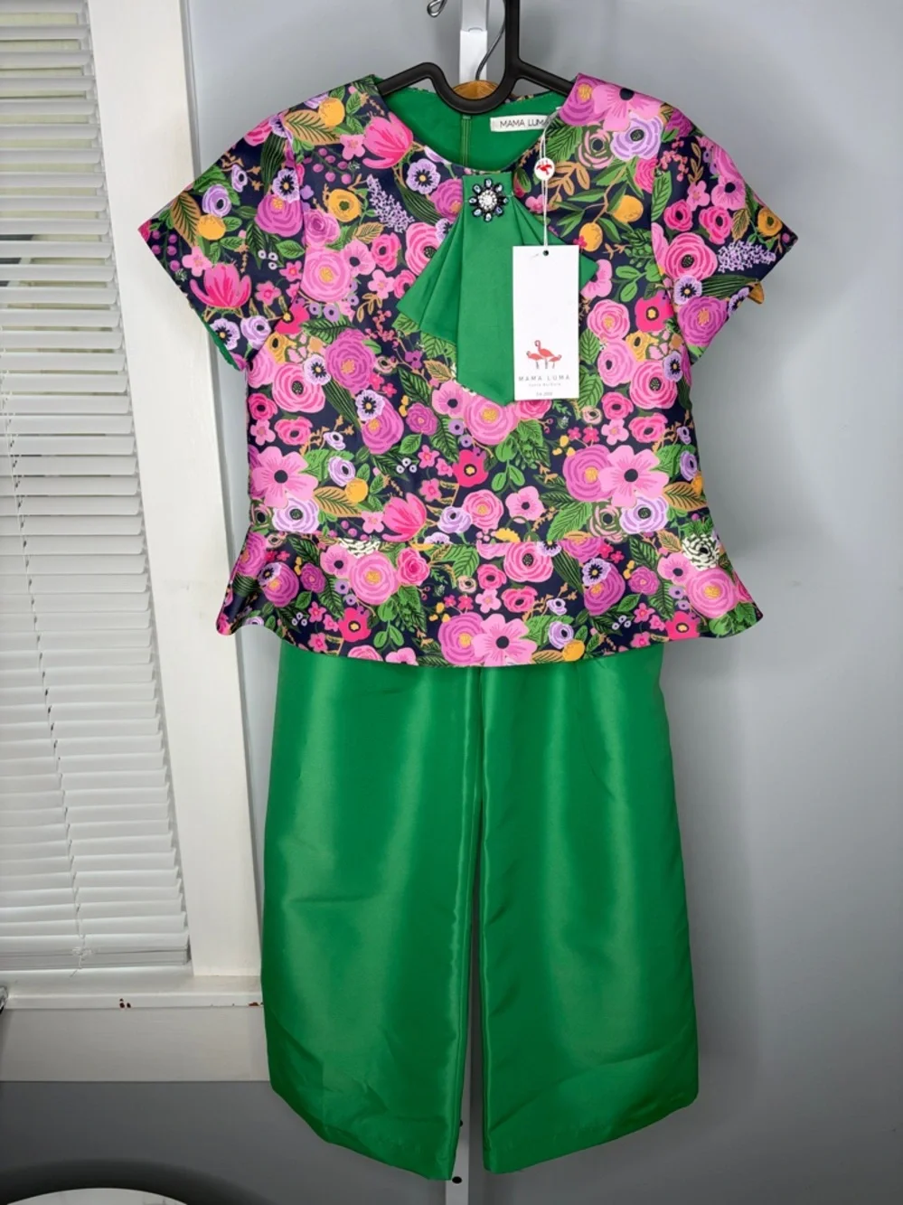 Mama luma girls boutique Green Floral Peplum Top with Matching Wide-Leg Pants